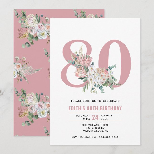 Invitation N'importe quelle aquarelle d'âge rose floral 80e a (Devant / Derrière)