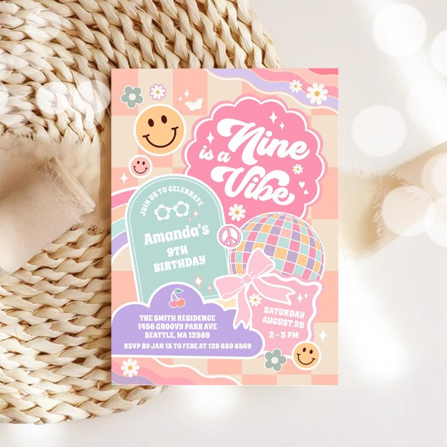 Invitation Nine Is A Vibe Cloud Rainbow Disco 9th Birthday  (Créateur téléchargé)