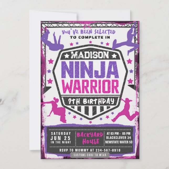 Invitation Ninja Athletic Warrior rose violet fête d'annivers (Devant)