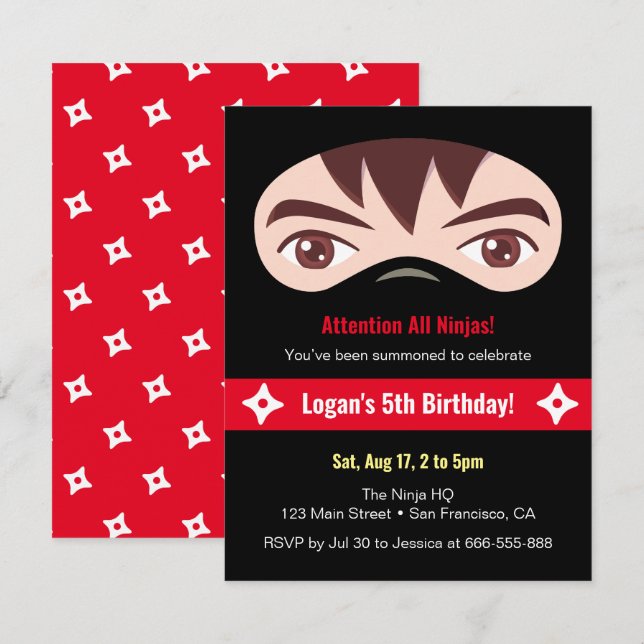 Invitation Ninja Face et Masque Anniversaire de enfant Party (Devant / Derrière)