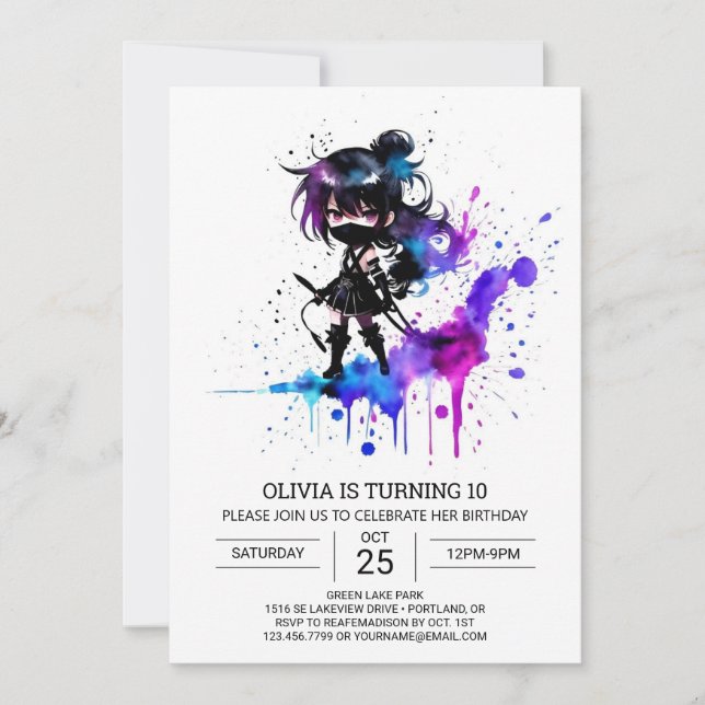 Invitation Ninja fille Elégante numérique Anniversaire (Devant)