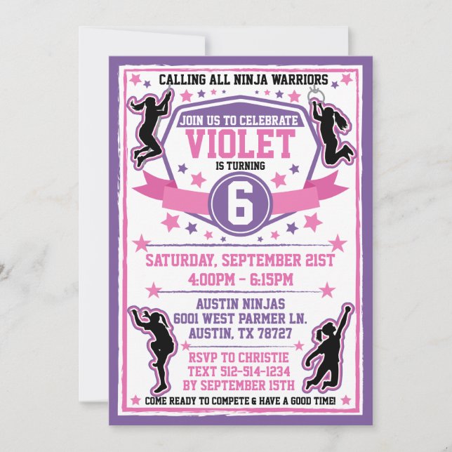 Invitation Ninja Filles guerrières rose et violet fête d'anni (Devant)
