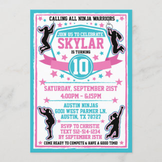 Invitation Ninja Filles guerrières rose Turquoise fête d'anni