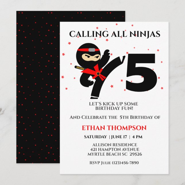 Invitation Ninja Karate Anniversaire Personnalisé Age Party I (Devant / Derrière)