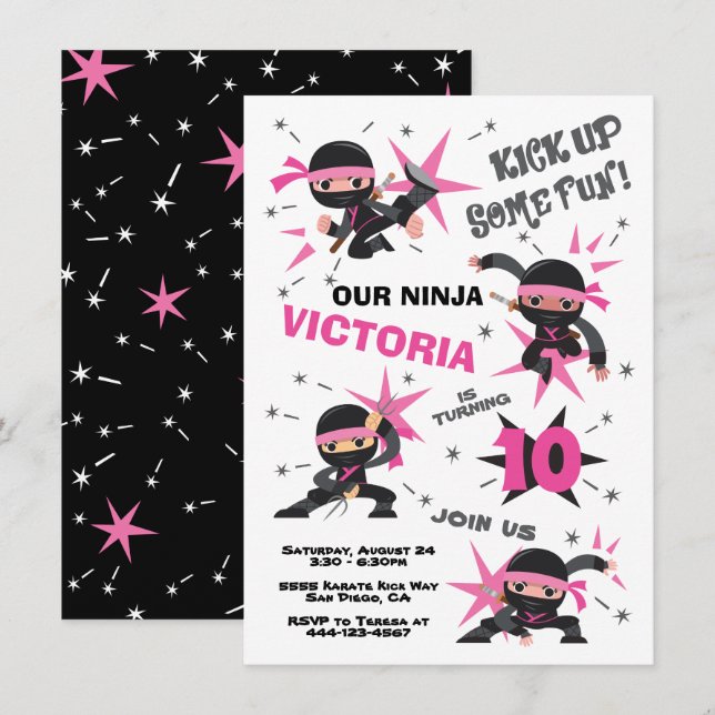 Invitation Ninja Karate Fille guerrière fête d'anniversaire (Devant / Derrière)