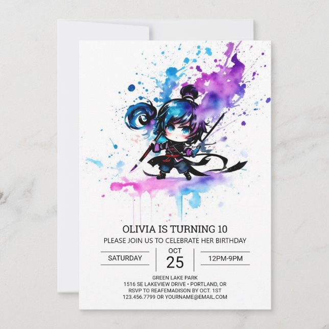 Invitation Ninja moderne Editable Girl Anniversaire (Devant)