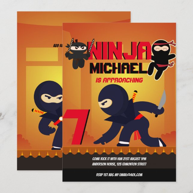 Invitation NINJA MOVIE STAR WARRIOR Boys Girls Dessin Party (Devant / Derrière)