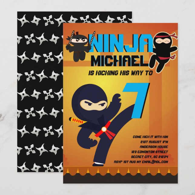 Invitation NINJA MOVIE STAR WARRIOR Boys Girls Dessin Party (Devant / Derrière)