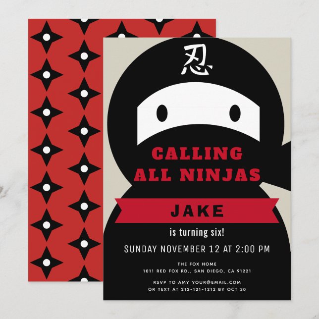Invitation Ninja Red & Black Boy Anniversaire (Devant / Derrière)