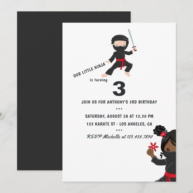 Invitation Ninja thème fête d'anniversaire (Devant / Derrière)