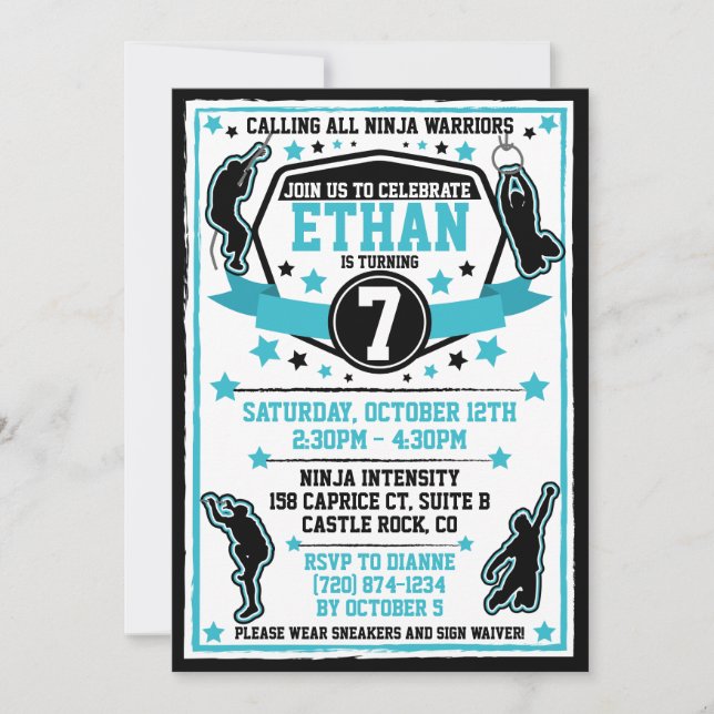 Invitation Ninja Warrior Boy Birthday Party Noir & Turquoise (Devant)