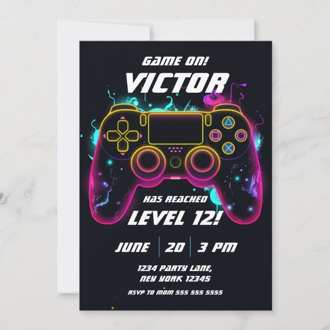 Invitation Niveau de jeu vidéo sur Gamer Neon Anniversaire (Devant)