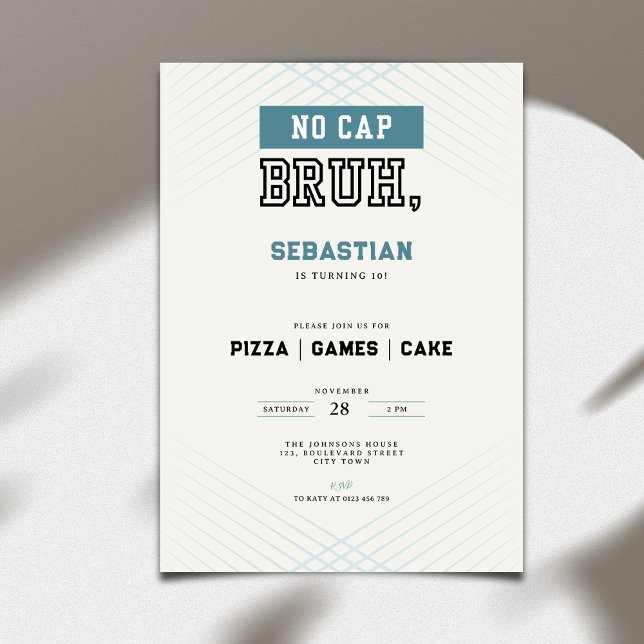 Invitation No Cap Bruh 10th Birthday Pizza Games Cake  (Créateur téléchargé)