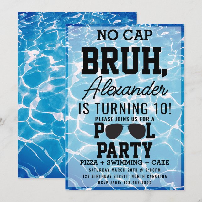 Invitation No Cap Bruh Boy Teenager Birthday Pizza Pool Party (Devant / Derrière)