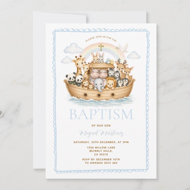 Invitation Noah’s Ark Watercolor Animals Baptism Christening (Devant)