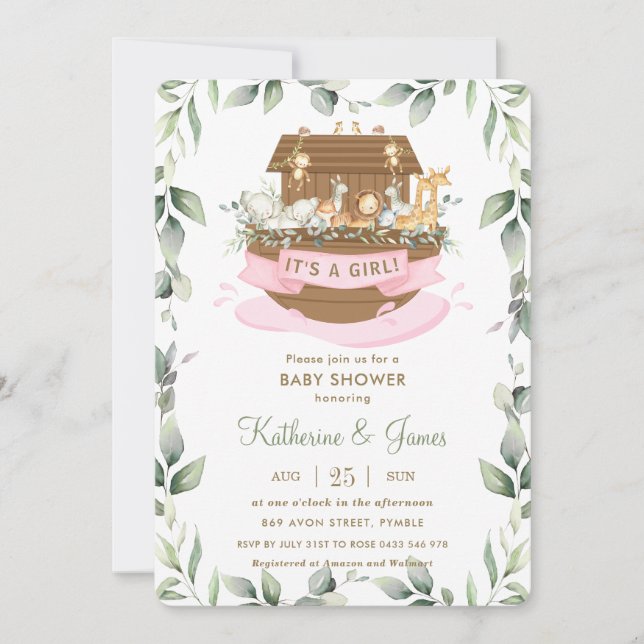 Invitation Noah's Ark Animals Baby shower verdoyant fille (Devant)
