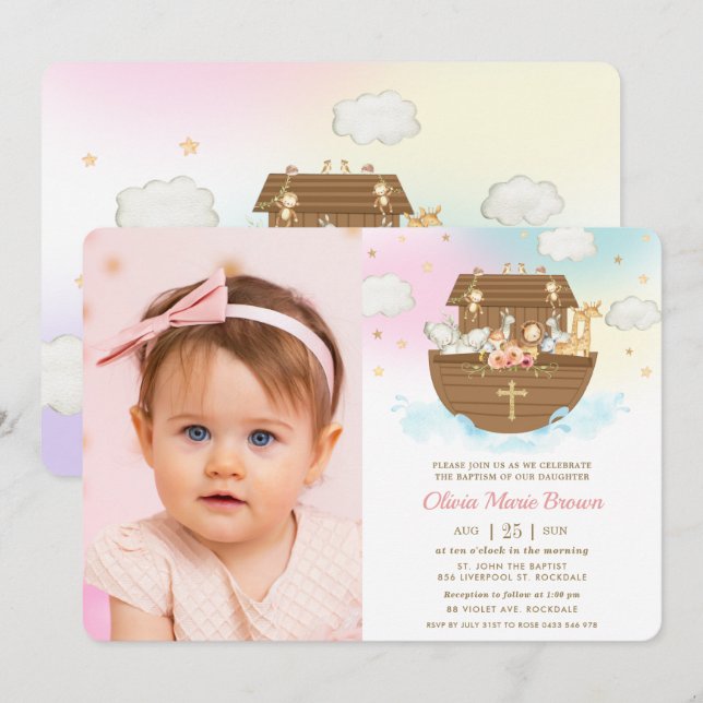 Invitation Noah's Ark Animals Girl Baptism Christening Photo (Devant / Derrière)