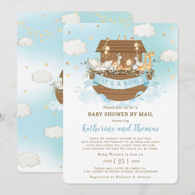 Invitation Noah's Ark Cute Animals Baby shower garçon par cou (Devant / Derrière)