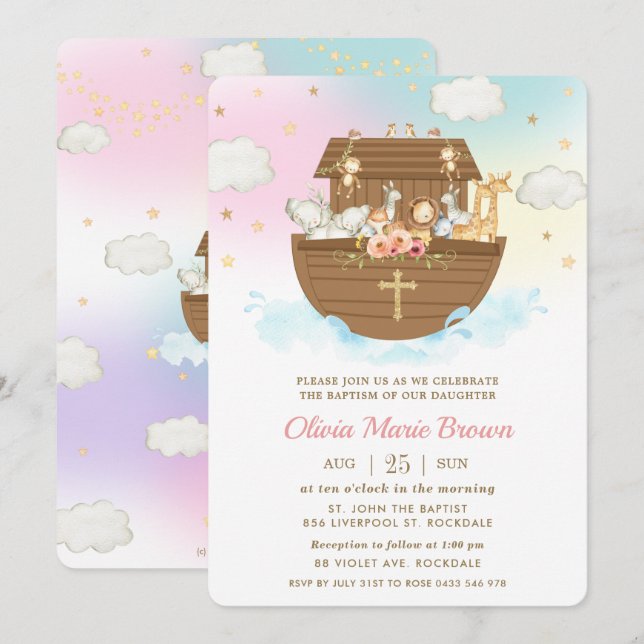 Invitation Noah's Ark Cute Animaux Fille Baptême Christening (Devant / Derrière)