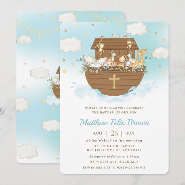 Invitation Noah's Ark Cute Animaux Garçon Baptême Christening (Devant / Derrière)