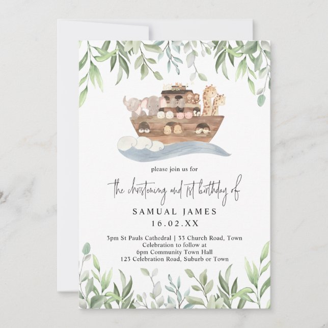 Invitation Noah's Ark Green Christening & 1er Anniversaire (Devant)