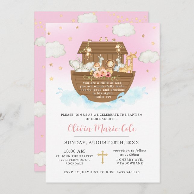 Invitation Noah's Ark Pink Baptism Dédication Christening (Devant / Derrière)