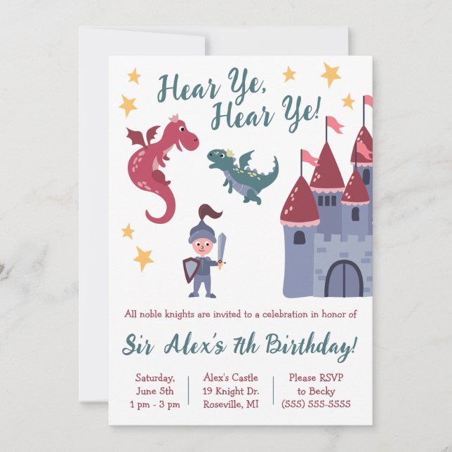 Invitation Noble Chevalier, Dragon, Château Fête d'Anniversai (Devant)