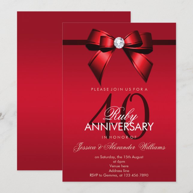 Invitation Noce de rubis : 40 ans de mariage, arc et ruban él (Devant / Derrière)