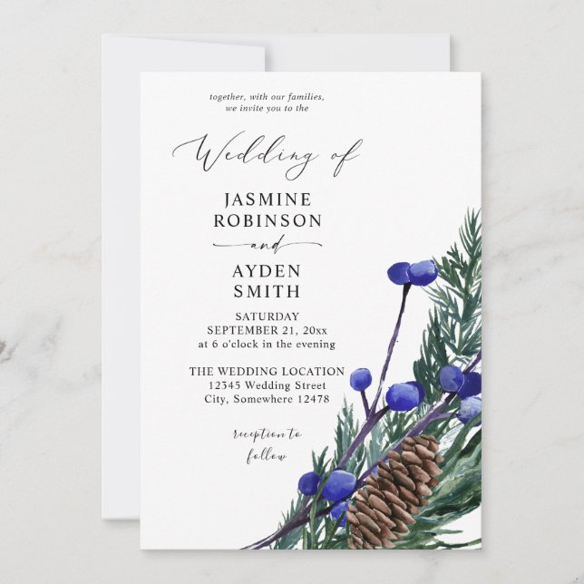 Invitation Noces aux Baies Bleues d'Hiver et au Feuillage de  (Devant)