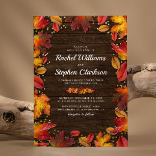 Invitation Noces Bois Rustique Automne Feuilles Or