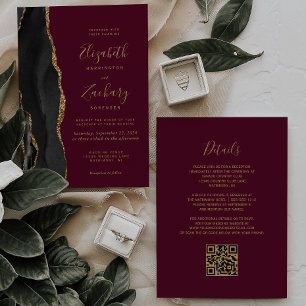 Invitation Noces Code QR Agate Or Noir Rouge Bourgogne