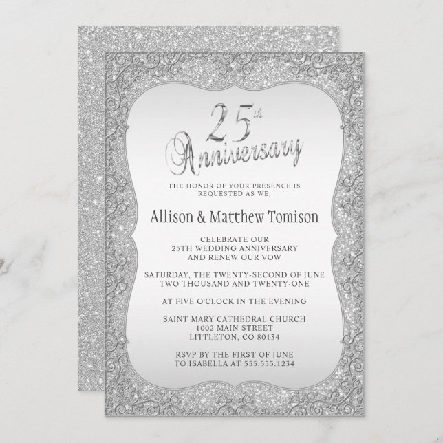 Invitation Noces d'argent 25e anniversaire de mariage | Texte (Devant / Derrière)
