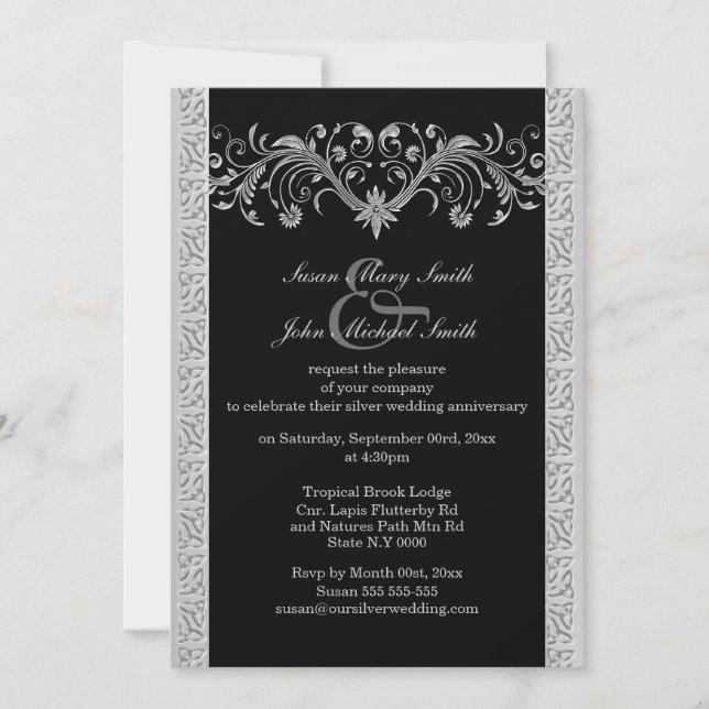 Invitation Noces d'argent noir anniversaire de mariage fiança (Devant)