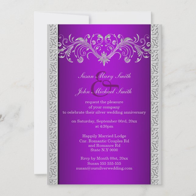 Invitation Noces d'argent violet floral (Devant)