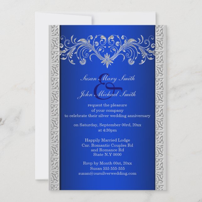 Invitation Noces de bleu d'argent florales (Devant)
