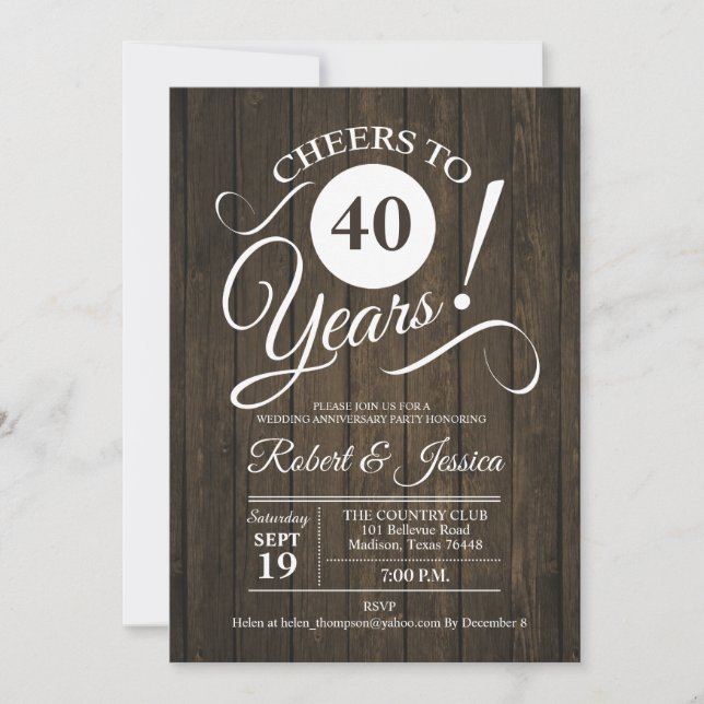 Invitation Noces de bois - 40 ans de mariage rustique (Devant)