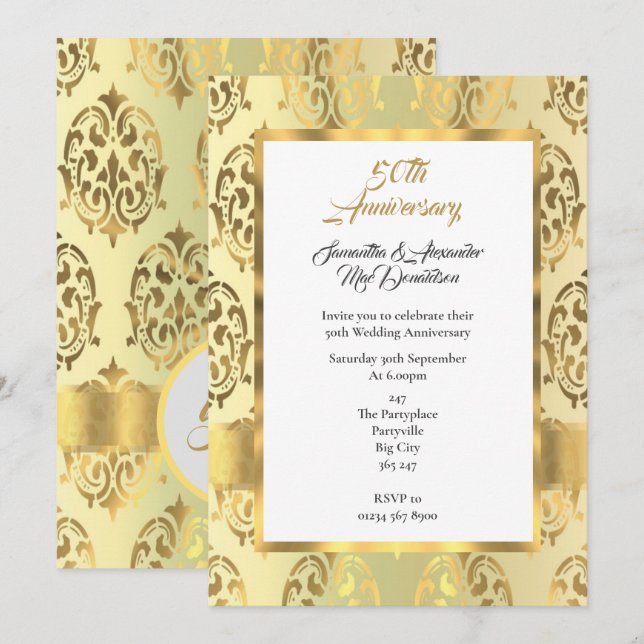 Invitation Noces de damas or 50e anniversaire de mariage (Devant / Derrière)