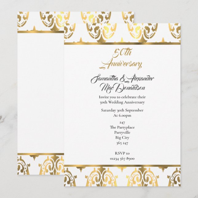 Invitation Noces de damas or et blanc 50 ans de mariage (Devant / Derrière)