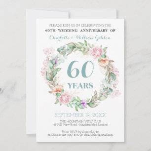 Invitation Noces de Diamant 60 ans de mariage Roses et Verdur