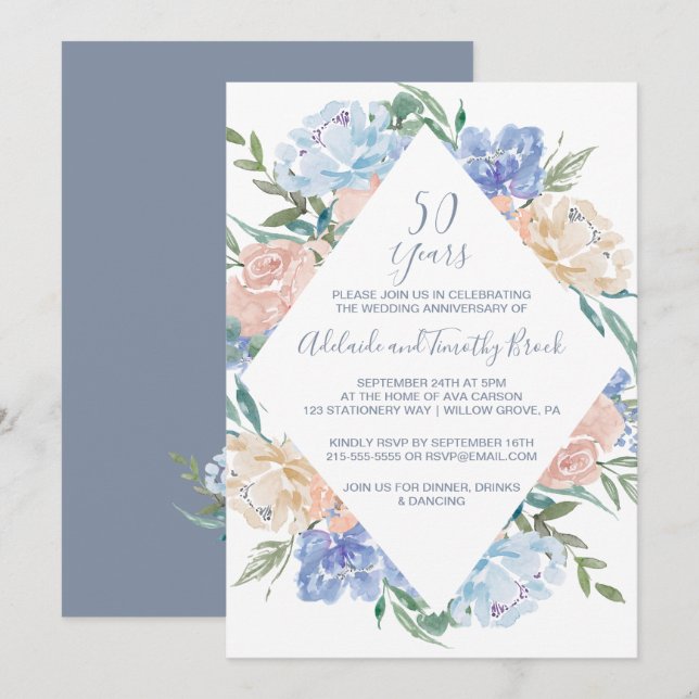 Invitation Noces de diamant Bleu Poussiéreux 50e Anniversaire (Devant / Derrière)