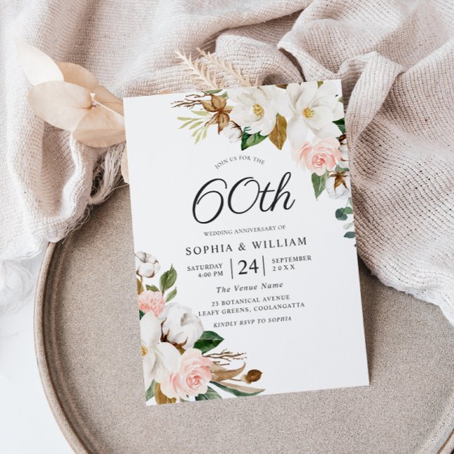 Invitation Noces de diamant : Fleurs roses et blanches 60e an (Créateur téléchargé)