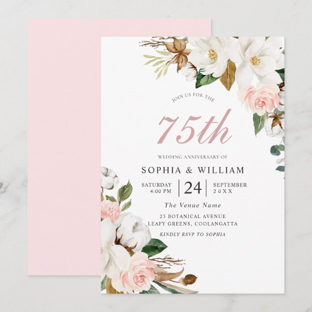 Invitation Noces de diamant : Fleurs roses et blanches 75e an (Devant / Derrière)
