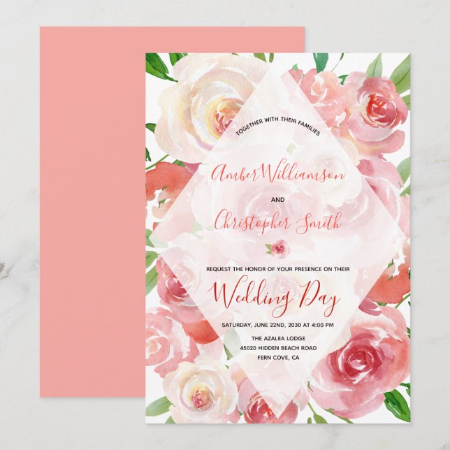 Invitation Noces de diamant géométriques de corail florales (Devant / Derrière)