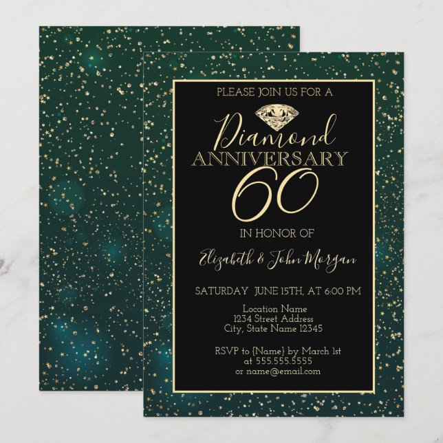 Invitation Noces de diamant vert avec confettis dorés pour an (Devant / Derrière)