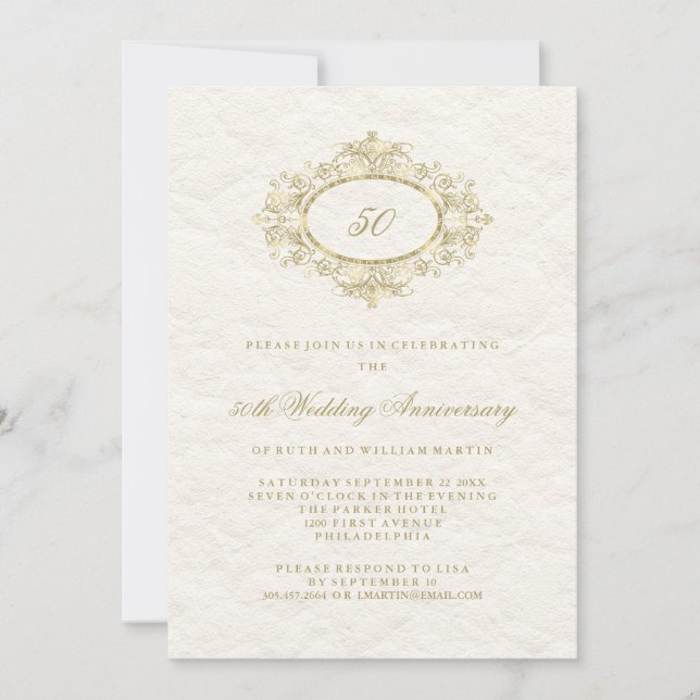 Invitation Noces de Faux Or sur Fond Blanc Crème 50e Annivers (Devant)