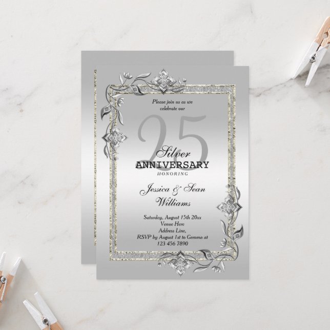 Invitation Noces de gemme et paillettes d'argent 25e annivers (Devant/Arrière en situation)