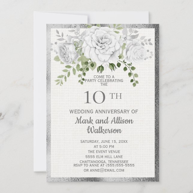 Invitation Noces de mariage 10 ans Argent Floral Blanc (Devant)