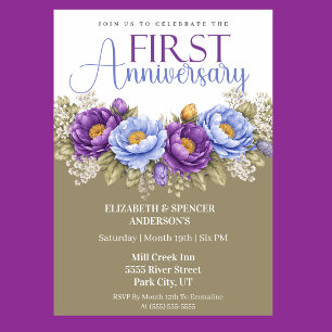 Invitation Noces de mariage 1ère année Pivoine bleue et viole