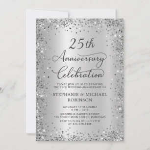 Invitation Noces de Mariage 25 Ans Argent Paillettes Métallis