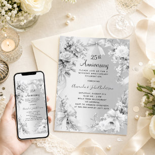Invitation noces de mariage 25 ans fleurs argentées rubans